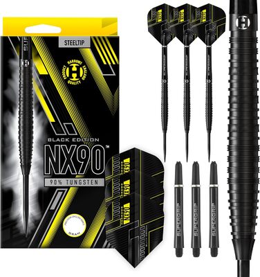 Дартс-набір Harrows NX90 Black Edition з 90% вольфраму, сталевий наконечник, 21-26 г, чорні Supergrip Midi шафти та Micron-NX90 оперення