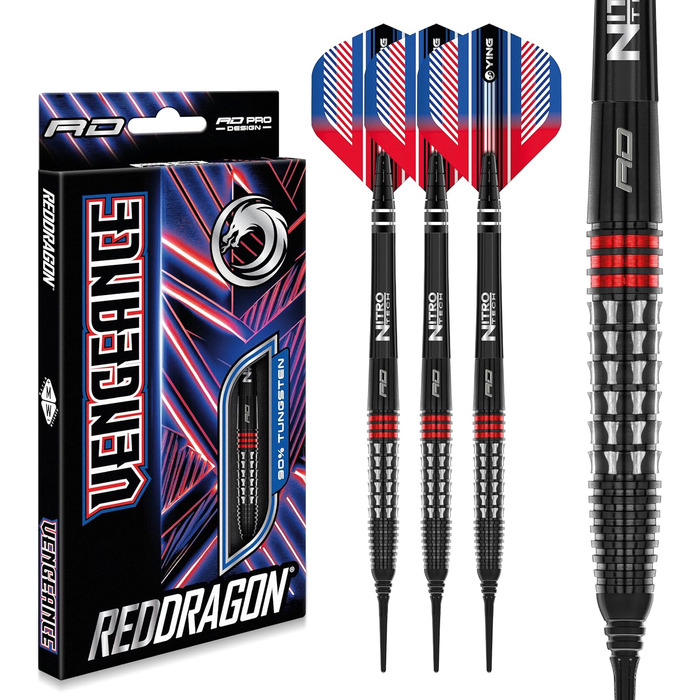 Дротики Red Dragon Vengeance Premium Wolfram Softip 20 г з оперенням і стрижнями
