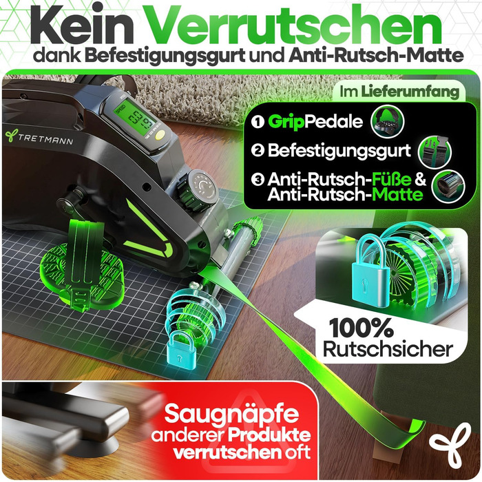 Тренажер для ніг Tretmann Pedaltrainer Pro Set: міні-велосипед для сеньйорів та реабілітації, безшумний домашній велотренажер з килимком та ременями