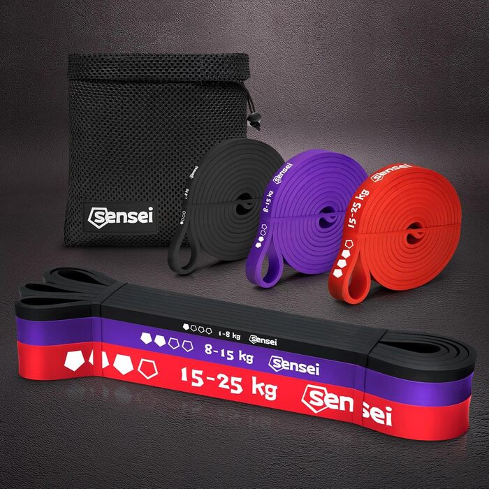 Гумові стрічки SENSEI® для фітнесу та реабілітації. Набір 3 шт (1-25 кг) з інструкцією.