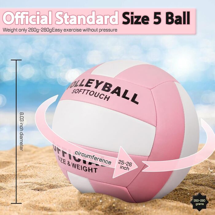 Волейбольний м'яч Aipwerer: для тренувань, пляжу, залу. Водостійкий, Soft Touch, рожевий. У комплекті насос та сумка