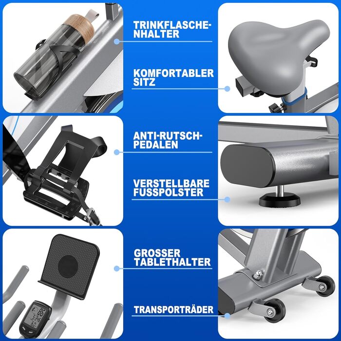 Велотренажер FYSIQ Heimtrainer, 300 Вт, 150 кг, дисплей RPM, тримач для планшета, білий