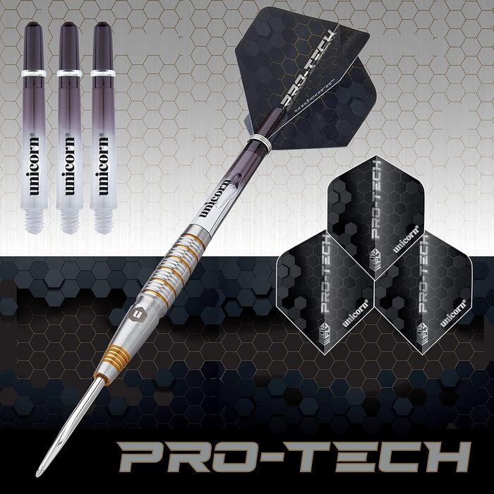 Дротики для дартсу Unicorn Pro-Tech, 90% вольфраму, сталевий наконечник, 23 г, золоті акценти