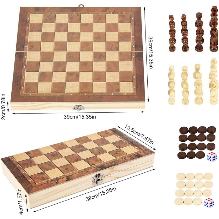 Дерев'яний шаховий набір 3 в 1, складаний, міжнародні шахи, для подорожей, вечірок, сім'ї, дітей та дорослих, 39x39 см