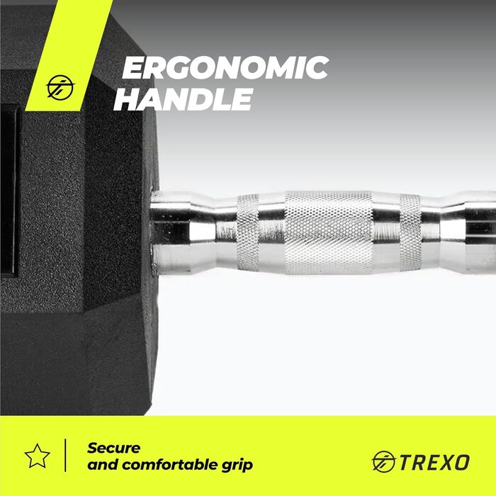 Гантель TREXO Hex 27,5 кг, гексагональна, гумова, чавун, для силових тренувань, ергономічна ручка, універсальна, домашній спортзал