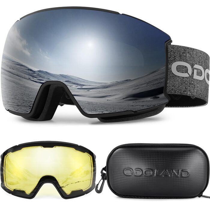 Лижні окуляри Odoland з 2 магнітними змінними лінзами (OTG, торична лінза), сріблясті/чорна рама, з чохлом