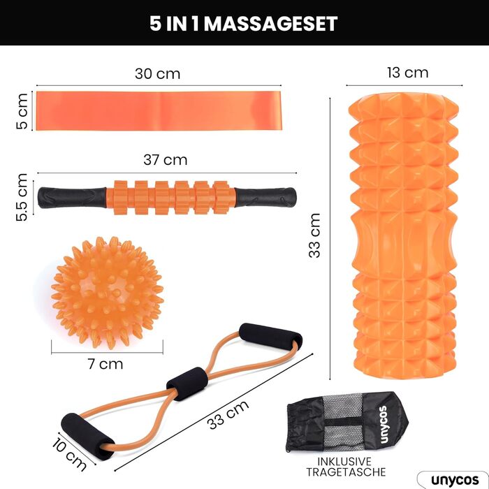Набір для масажу фасцій Unycos: ролер, стрічка, м'яч, стік, мотузка, сумка | До 120 кг, чорний/оранжевий