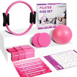 Pilates Ring Set Goocrun: кільце для пілатесу, еспандер, м'яч та слайдери для домашніх тренувань. Рожевий колір.