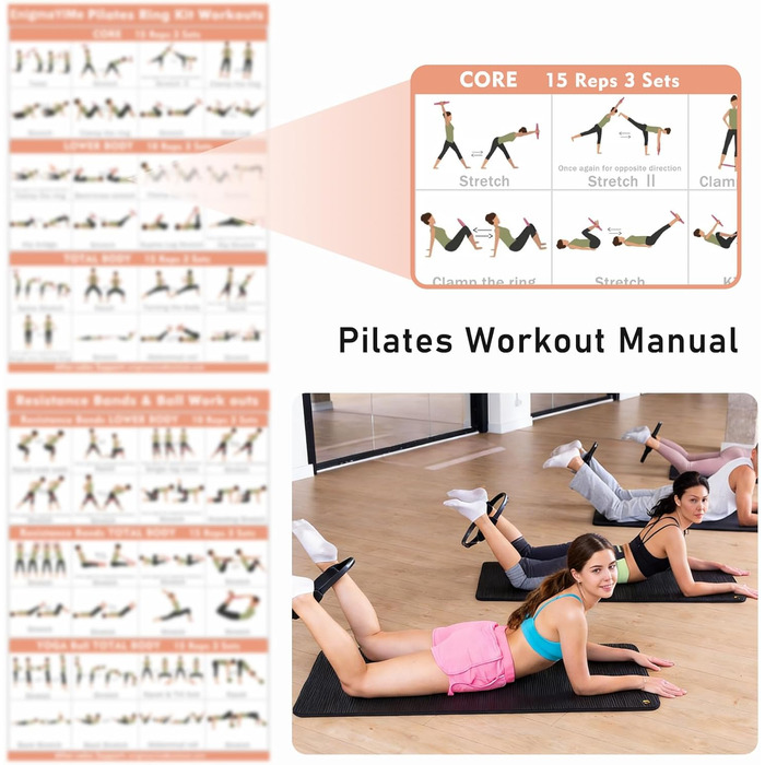 Pilates-кільце з набором для домашніх тренувань: Magic Circle 35 см, утяжелители для щиколоток та зап'ясть, гумові стрічки, для початківців, рожевий колір
