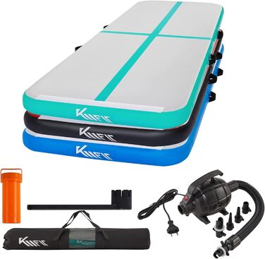 KM Fit надувний Airtrack 4 м – гімнастичний мат для фітнесу, тумблінгу, тренувань, з сумкою, електричною помпою та ремнабором, стійкий до УФ, чорний-червоний
