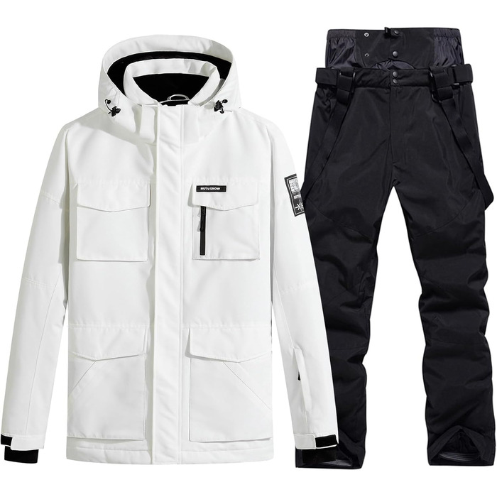 Сніговий костюм HOUZONIY для чоловіків: комплект штанів та куртки для катання на лижах та сноуборді (XL, білий+чорний)