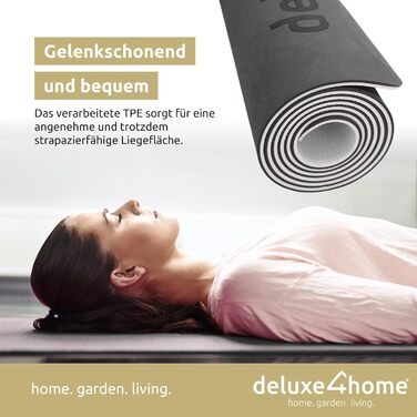 Килимок для йоги та фітнесу deluxe4home, нековзкий, з ременем для перенесення, для пілатесу і тренувань, з лініями вирівнювання, чорний