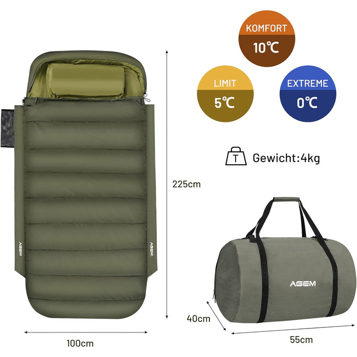 Спальний мішок AGEM для дорослих: 3-4 сезони, 225x100 см, 4-5 кг, для кемпінгу та риболовлі