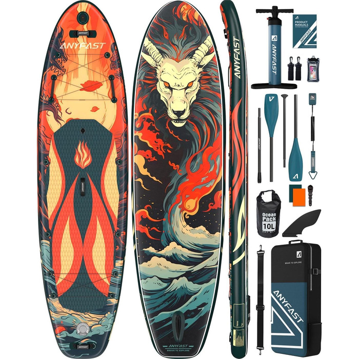 Надувне SUP-дошка для риболовлі Anyfast King of the Lion - 335x88 см, ультрастабільна, з насосом, кріпленням для камери, ручкою для дітей, тросом, рюкзаком та аксесуарами