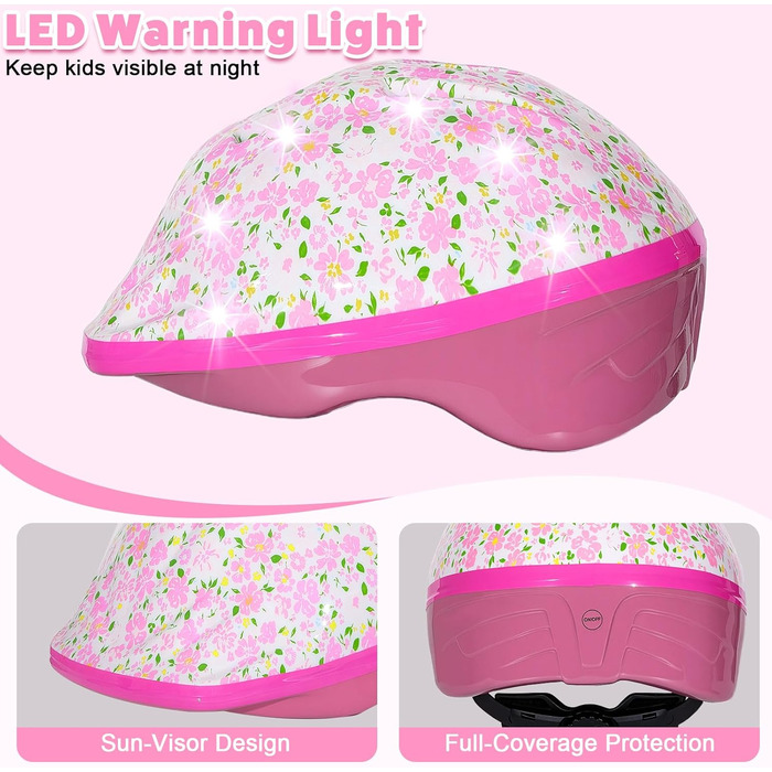 Дитячий шолом та набір захисту (3-8 років), рожевий, з LED-ліхтариками, для велосипеда та скейтборда