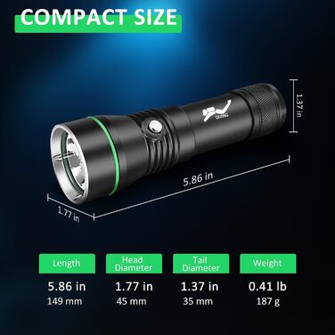 Ліхтарик підводний LED XLENTGEN 1500 люмен, USB зарядка, IPX8, 3 режими, для нічного дайвінгу та риболовлі