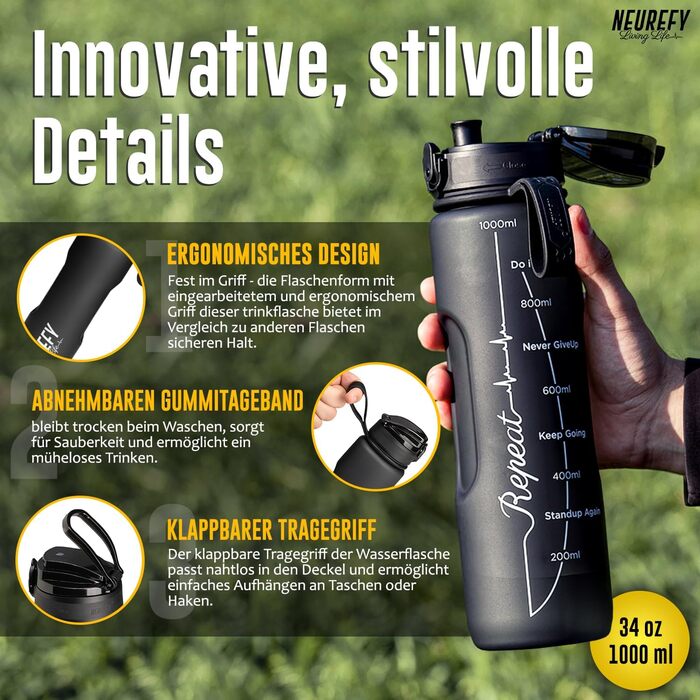 Спортивна пляшка NEUREFY 1 л чорна матова, Tritan, BPA-free, з носиком, для води, з фільтром, індикатором об'єму, для фітнесу, офісу, школи, університету, герметична