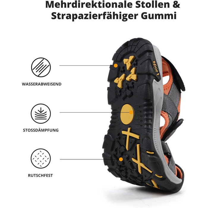 Чоловічі сандалі для пляжу, гір та трекінгу з текстильними ремінцями, водонепроникні, темно-сірі з помаранчевим, 47 EU