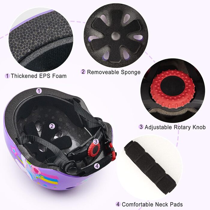 Дитячий шолом Unicorn Castle 7-в-1 з наколінниками, налокітниками та захистом зап'ястків для скейтборду, роликів, велосипеда (3-8 років), фіолетовий