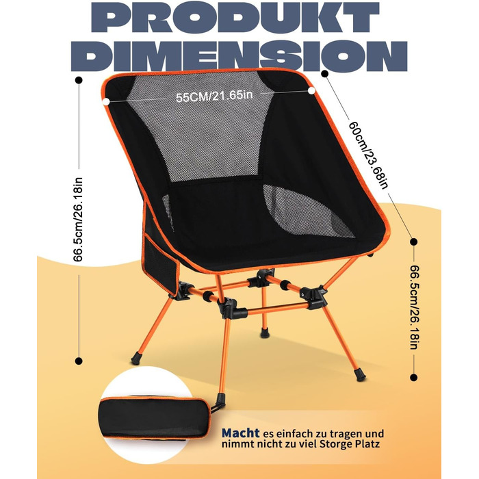 Складний туристичний стілець для кемпінгу з сіткою та кишенями, вантажопідйомність 150 кг, оранжевий