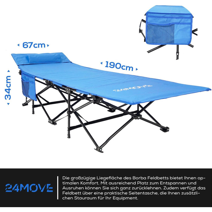 Розкладне ліжко 24MOVE® для кемпінгу та відпочинку на природі, 190 x 67 x 34 см, до 150 кг, з сумкою, блакитне