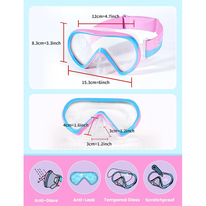 Дитяча маска для плавання та снорклінгу Supertrip, 6-14 років, скло, рожево-блакитна