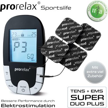Prorelax TENS/EMS Duo Comfort Blackline: електростимулятор для м'язів та зняття болю | 2 терапії в одному приладі | З підсвічуваним дисплеєм