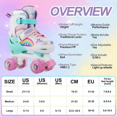 Дитячі ролики Kinder Quad Skates для дівчаток та хлопчиків, регульовані, райдужні з підсвічуванням, для дому та вулиці