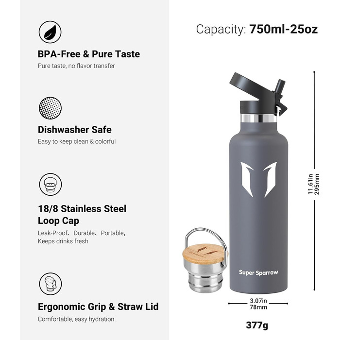 Фляга Super Sparrow з нержавіючої сталі - 350мл/500мл/620мл/750мл/1л - Без витоку, термос, BPA-Free, для дітей, спорту, школи, фітнесу - з 2 кришками, сірий колір
