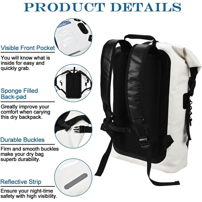 Водонепроникний рюкзак Blueshyhall - містка сумка, спортивна торба, Dry Bag, ролтоп - для водних видів спорту, кемпінгу (білий, 35 л)