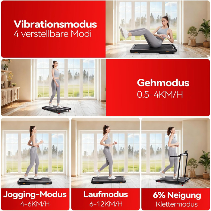 Sperax 4-в-1 Віброплатформа та біговий доріжка для дому, 0.3-6 км/год, 400W, без монтажу, чорно-червоний