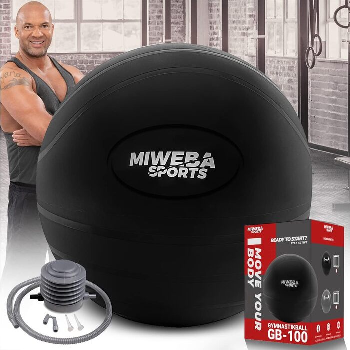 Гімнастичний м’яч Miweba Sports GB-100, 65 см, до 400 кг, чорний, PVC, ергономічний фітнесбол для тренувань, офісу та сидіння