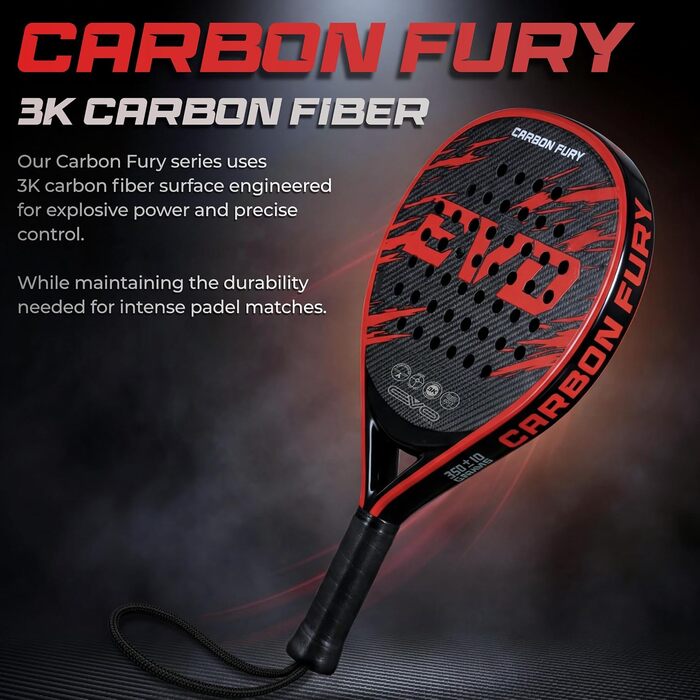 Ракетка для падел EVO Fitness Carbon – легка (350г), з м'яким EVA-керном для контролю, велика площа (525 см²) для дорослих