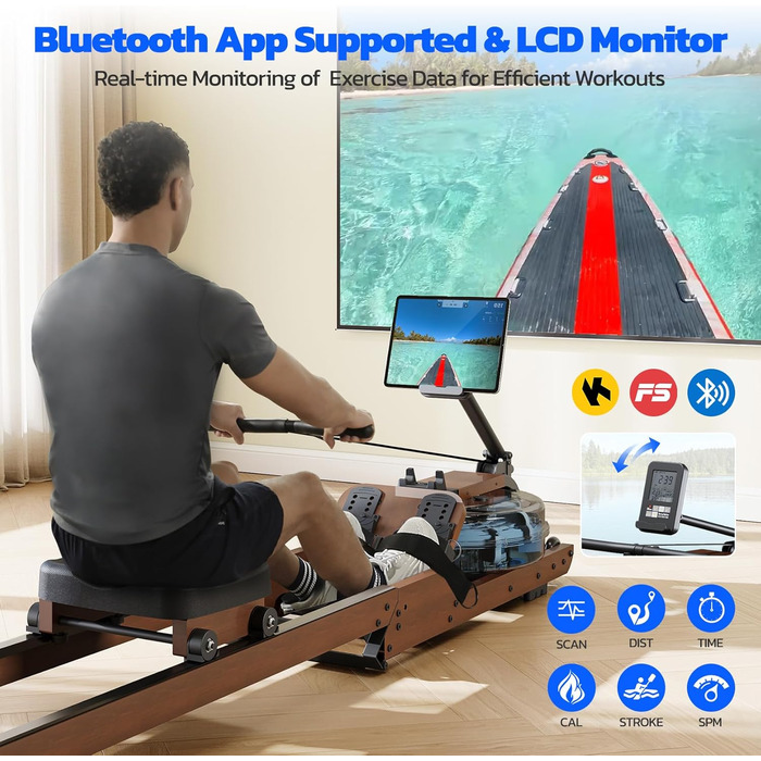 Гребний тренажер Dripex для дому з масиву дерева | LCD-дисплей, Bluetooth, ергономічне сидіння | до 180 кг | складаний для компактного зберігання