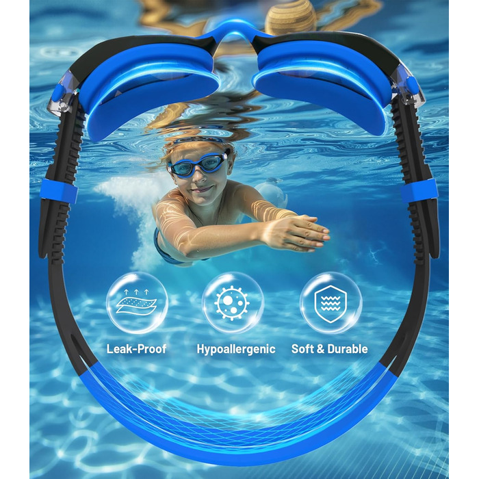 Дитячі окуляри для плавання Schwimmbrille: з UV-захистом та антифогом, водонепроникні, для хлопчиків та дівчаток 6-14 років (Чорно-сині + Зелені)