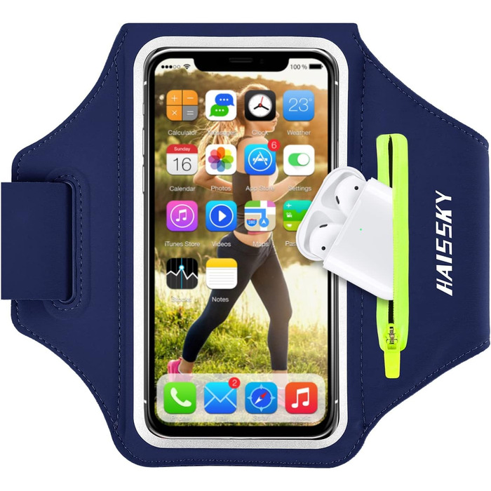 Спортивний браслет на руку для бігу з відділенням для навушників та ключей, тримач для телефону, браслет для бігу з кишенею для карт для iPhone 16 Pro Max/15 Pro/14/13 Pro/12 Plus, Marine (до 6.9 дюймів)