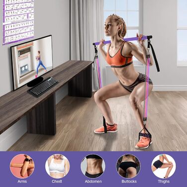 Портативна фітнес-палка Pilates з еспандерами, ручками, дверним якорем, ременями для щиколоток і подовжувальними стрічками, з фітнес-постерами та відео, фіолетова, універсальна