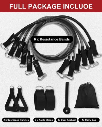 Набір фітнес-гумок 6 шт., гумки для фітнесу з 6 рівнями опору 270 LBS, з дверними фіксаторами, ручками, кісточками, ідеально підходить для нарощування м'язів, пілатесу, фізіотерапії для домашнього спортзалу та тренувань на відкритому повітрі