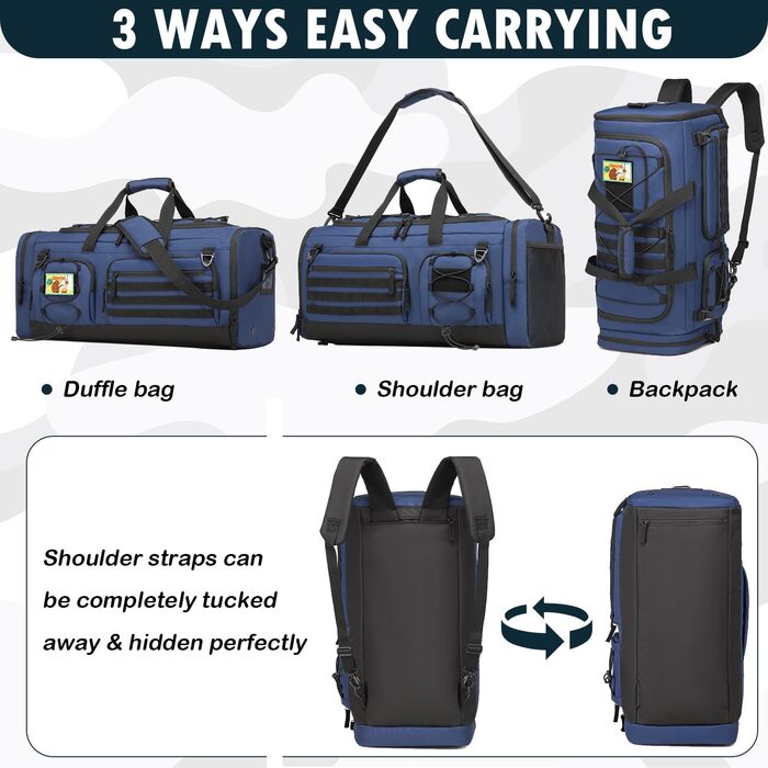 Спортивна сумка 50L для чоловіків 3-в-1 з відділенням для мокрого одягу та взуття, рюкзак, дорожня сумка, валіза ручної поклажі, для тренувань, спортзалу, плавання, подорожей (Блакитна)
