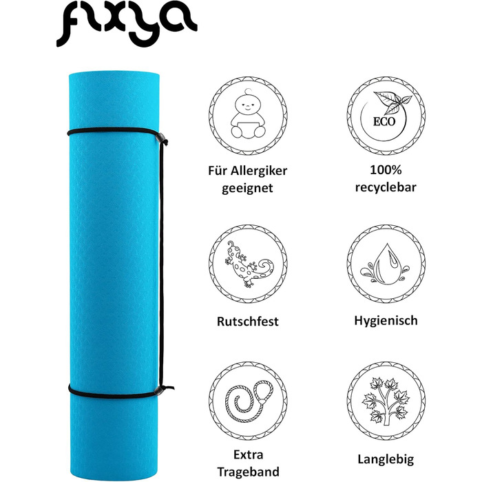 Преміум фітнес-мат для йоги FLXYA, TPE, 183x61 см, 6 мм, антиковзкий, без фталатів, з ременем, блакитно-антрацитовий