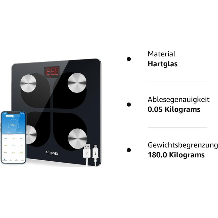 Розумні ваги RENPHO з Bluetooth, USB, аналіз складу тіла, для вимірювання жиру, ІМТ, м'язової маси, води, білка, з додатком, 280 мм