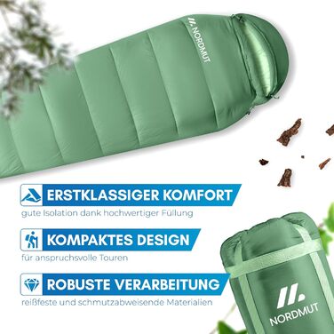 Сплячий мішок NORDMUT® Winter -10°C до 0°C, компресійний, для трекінгу та кемпінгу, 1.8 кг, водонепроникний, 350 GSM (зелений)