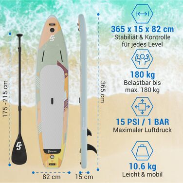 Надувна SUP-дошка Capital Sports Eco Shore All Rounder 365 з веслом і насосом для дорослих і дітей, комплект для падлбордингу з сумкою для транспортування