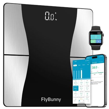 Ваги Flybunny для вимірювання складу тіла: жир, м'язи, BMI, пульс, вода, білок, кістки. Цифрові ваги для людей. Білий & Чорний колір