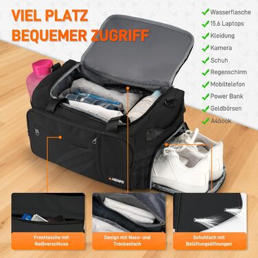 Спортивна сумка HENMI для залу та подорожей, 43 л, з відділенням для взуття та вологих речей, складана сумка для тренувань (Чорна)