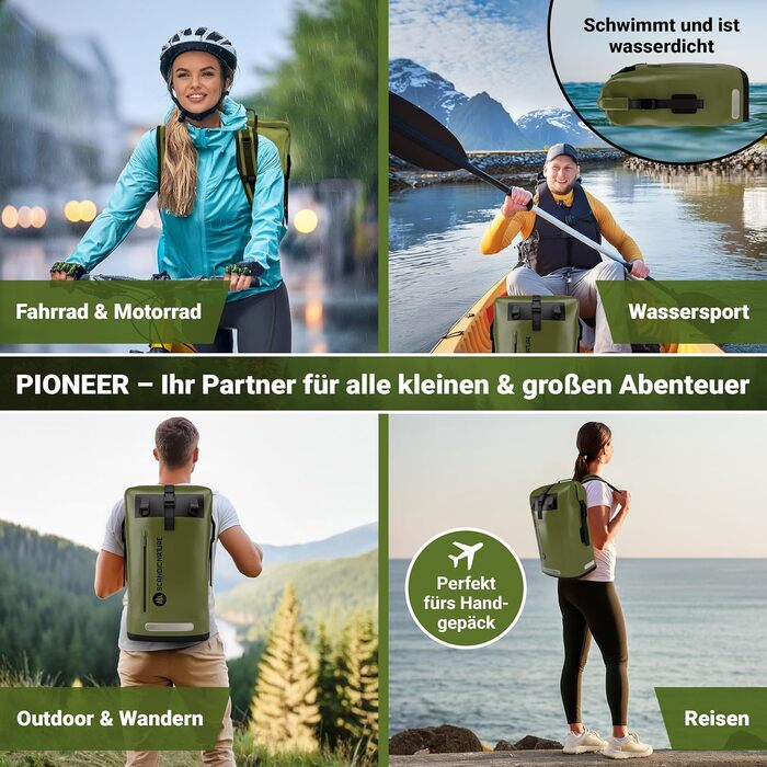Водонепроникний рюкзак Scandic Nature Pioneer з ролтоп закриттям 35L/55L, чорний, жовтий, оливково-зелений - надміцний завдяки дну з 1000D PVC тканини, водонепроникний чохол для телефону IPX8, 35 літрів