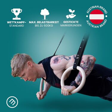 Гімнастичні кільця з дерева BeMaxx з дверним якірцем і тренувальним eBook, олімпійські дерев'яні кільця для фітнесу з ременями та розміткою, для чоловіків і жінок