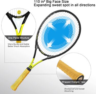 Тенісний ракети для дорослих, 27 дюймів, легкі, з чохлом, підходять для жінок та чоловіків, початківців та досвідчених гравців, чорно-жовті