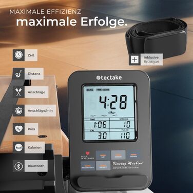 Гребний тренажер tectake з водяним опором та пульсоміром, складаний дерев'яний симулятор веслування для дому, до 150 кг