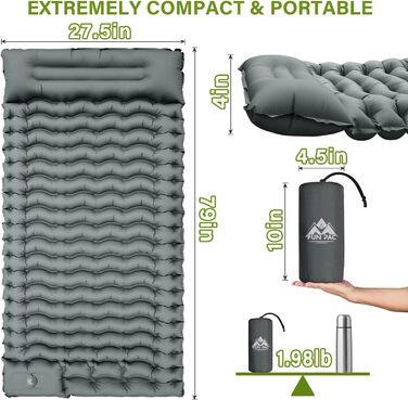 Надувний килимок для кемпінгу з інтегрованою помпою та подушкою, сірий. Компактний, для подорожей, хайкінгу та кемпінгу